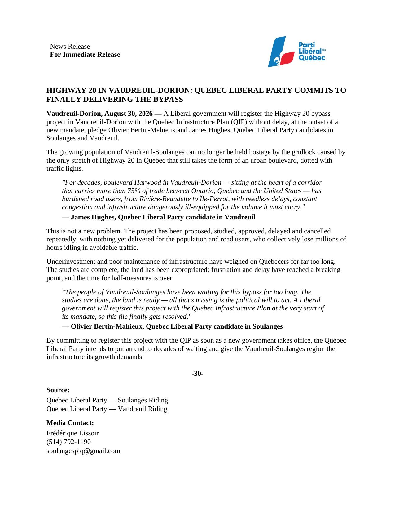 Press release: Highway 20 in Vaudreuil-Dorion, the Quebec Liberal Party commits to completing the bypass