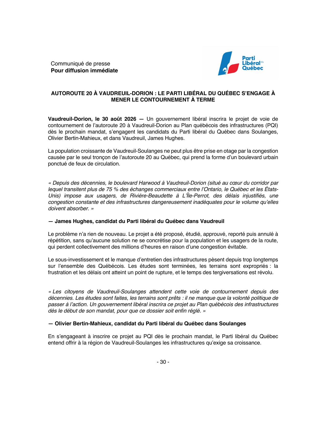 Communiqué de presse : Autoroute 20 à Vaudreuil-Dorion, le Parti libéral du Québec s'engage à mener le contournement à terme